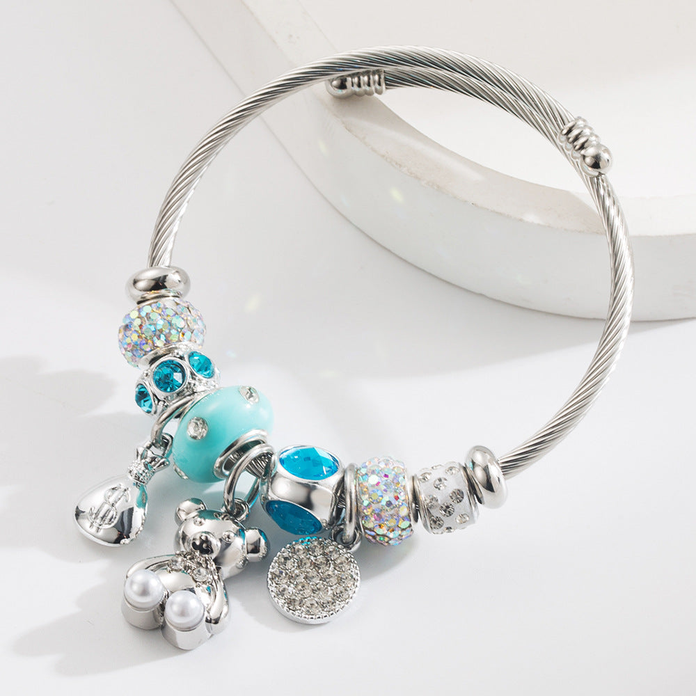 Wholesale  New Style Personalized Creative DIY Bear Star Round Stainless Steel Bracelet Alloy Diamond Adjustable Bracelet